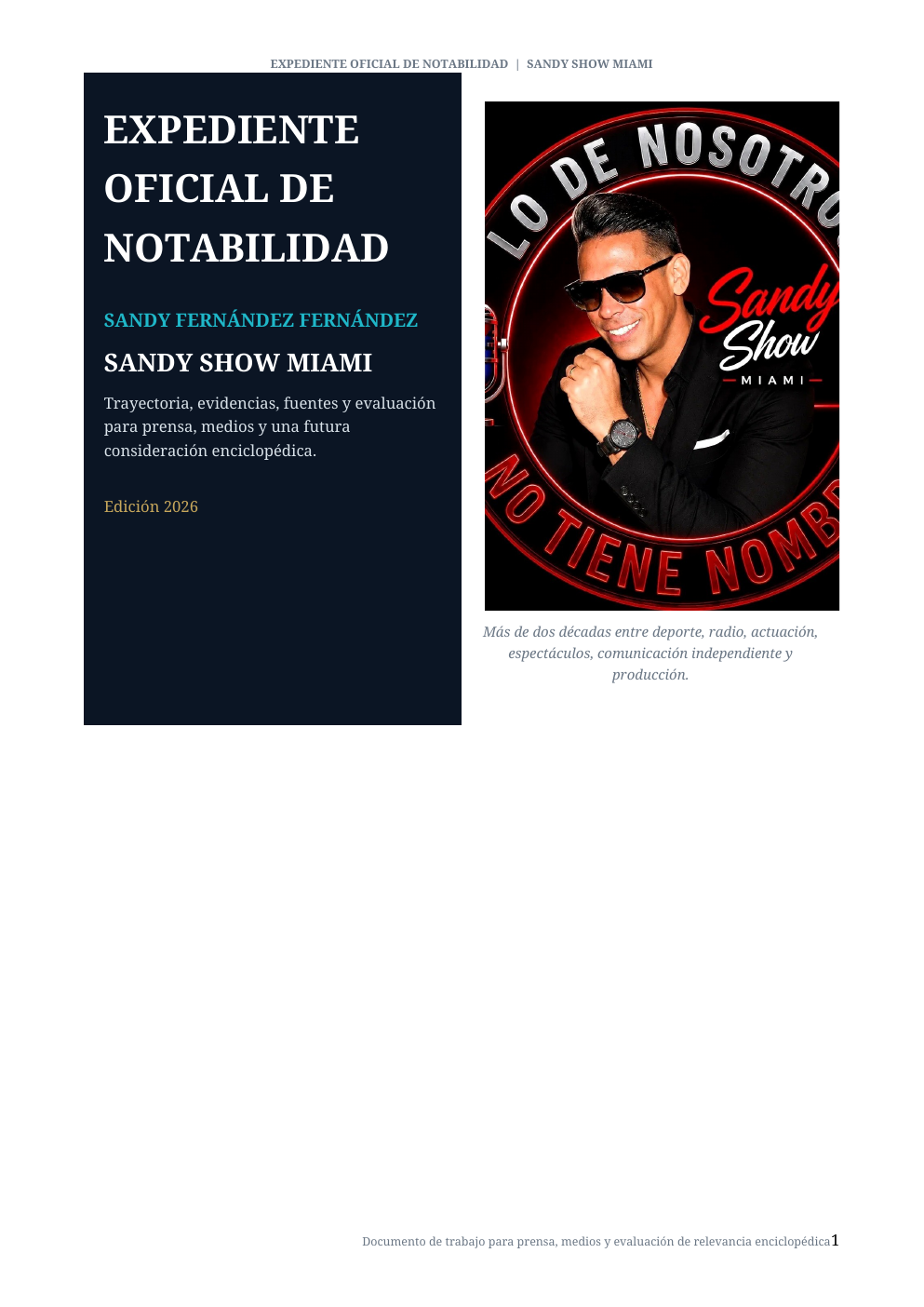 Portada del expediente oficial de Sandy Show Miami